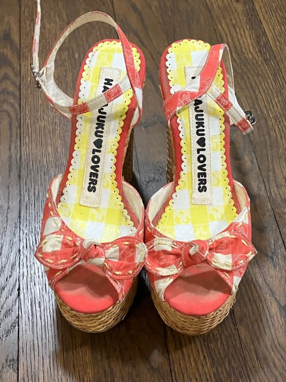 Gwen Stefani Harajuku Lovers Gingham Picnic Basket Weave Wedge Sandal Sz 6 Ants - Picture 5 of 15